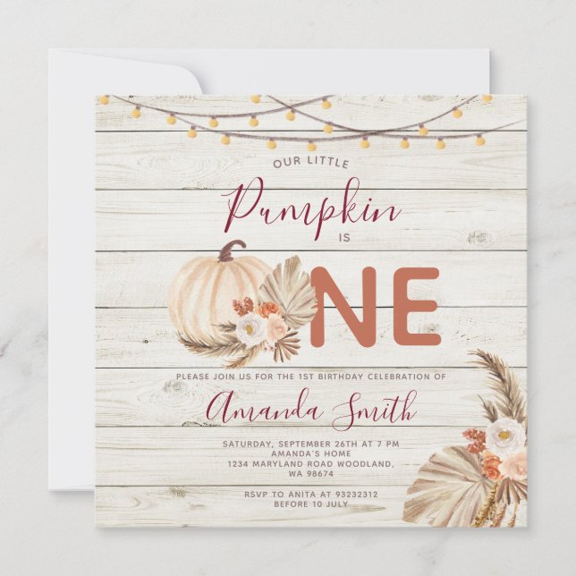 Wood Boho Pampas Grass Pumpkin Is One Birthday  Invitation (Front)