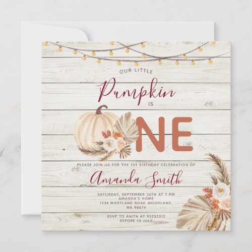 Wood Boho Pampas Grass Pumpkin Is One Birthday  Invitation