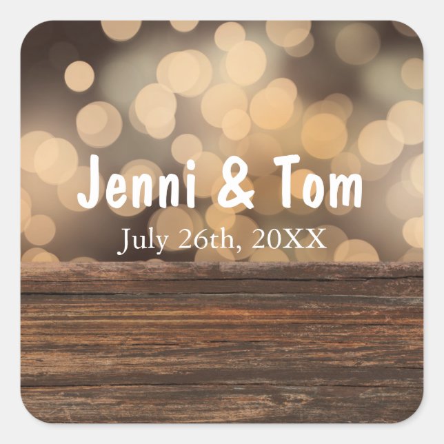 Wood + Bokeh Lights Rustic Country Wedding Sticker (Front)