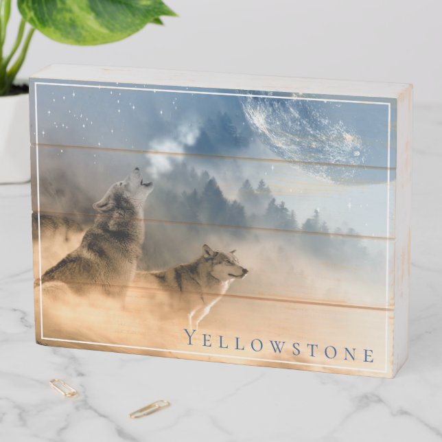 Wood Box Art-Yellowstone Native Wolves & Moon (In Situ Horizontal)