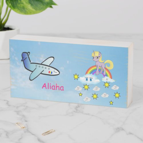 Wood Box Sign Airplane Rainbow Pony Clouds Blue