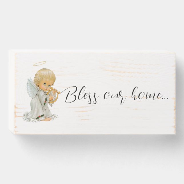 Wood Box Sign, Angel, Bless our home (Front Horizontal)