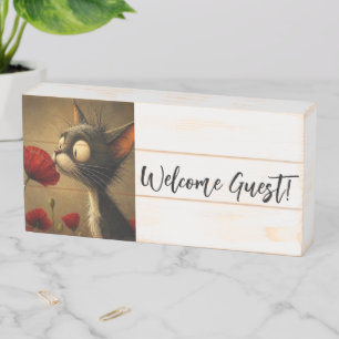 Wood Box Sign, Black & White Cat Red Flower 