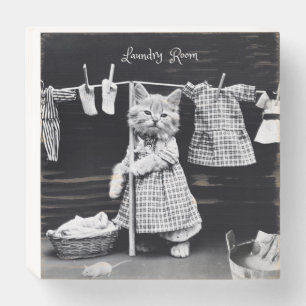 Wood Box Sign, Cat Hanging Laundry