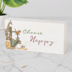 Wood Box Sign, Choose Happy Wildlife Giraffe Lion 