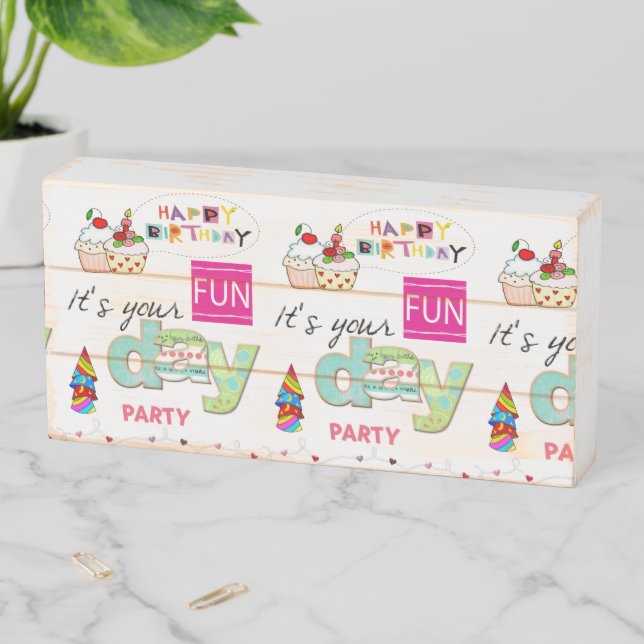 Wood Box Sign, FUN Cupcake Happy Birthday  (In Situ Horizontal)