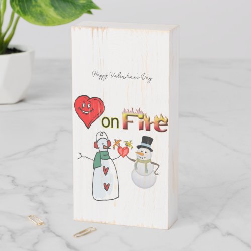 Wood Box Sign Hearts on Fire Snowman 