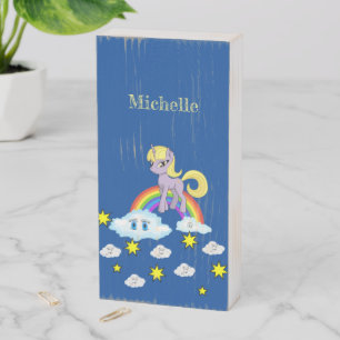 Wood Box Sign, Pony Rainbow Clouds Blue
