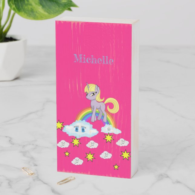 Wood Box Sign, Pony Rainbow Clouds Pink  (In Situ Vertical)