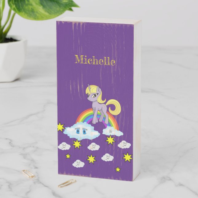 Wood Box Sign, Pony Rainbow Clouds Purple  (In Situ Vertical)