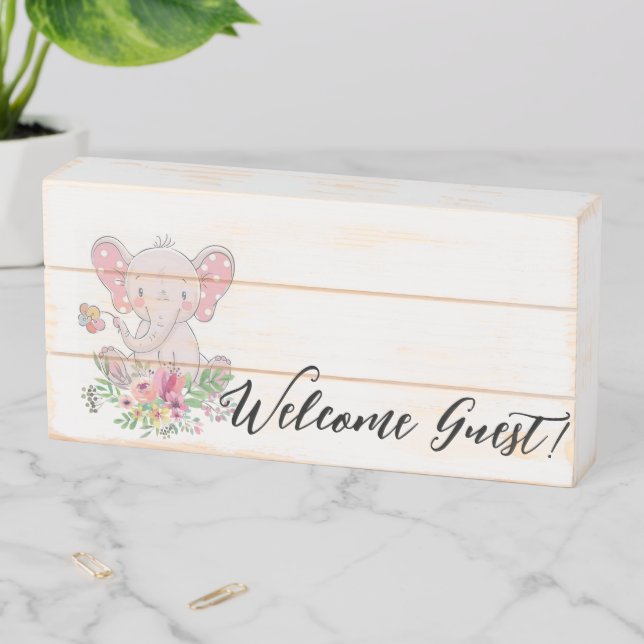 Wood Box Sign, Welcome Guest! Elephant Floral  (In Situ Horizontal)