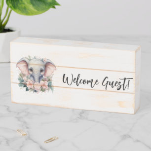 Wood Box Sign, Welcome Guest! Elephant Floral 