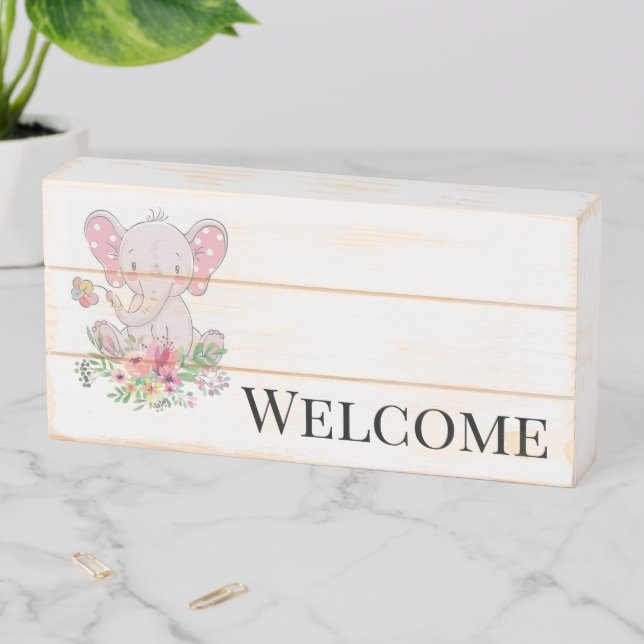 Wood Box Sign, Welcome Guest! Elephant Floral  (In Situ Horizontal)