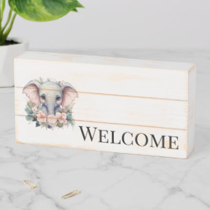 Wood Box Sign, Welcome Guest! Elephant Floral 