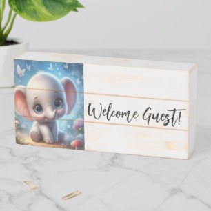 Wood Box Sign, Welcome Guest! Elephant Floral 