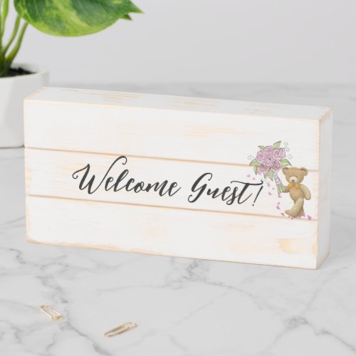 Wood Box Sign Welcome Guest Floral Teddy Bear