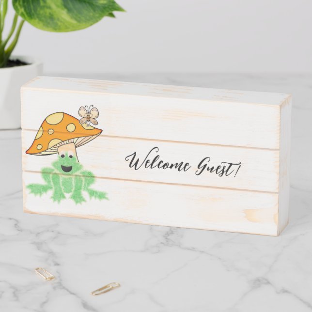 Wood Box Sign, Welcome Guest! Frog Mushroom  (In Situ Horizontal)