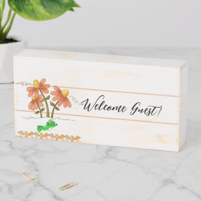 Wood Box Sign, Welcome Guest! Frog Mushroom Floral (In Situ Horizontal)
