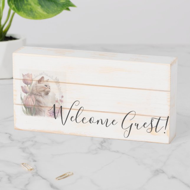 Wood Box Sign, Welcome Guest! Kitten Cat Floral  (In Situ Horizontal)