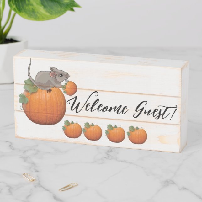 Wood Box Sign, Welcome Guest! Pumpkin Mouse Fall  (In Situ Horizontal)