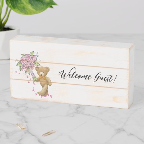 Wood Box Sign Welcome Guest Teddy Bear Floral 