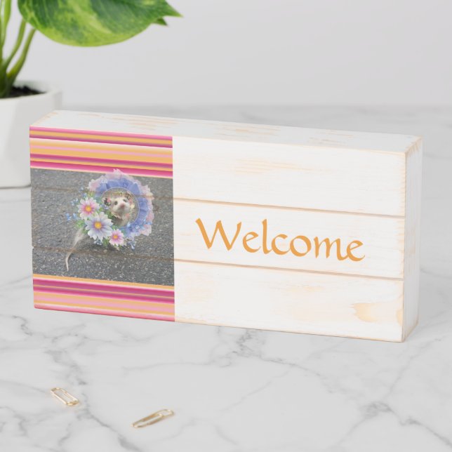 Wood Box Sign, Welcome Possum Floral  (In Situ Horizontal)