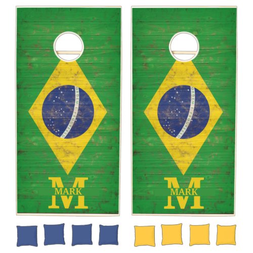 Wood Brazilian flag Personalized name and Monogram Cornhole Set