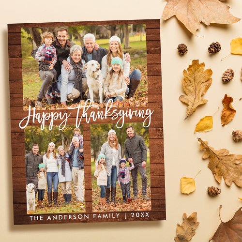 Wood Brush Script Family 3 Photo Thanksgiving Postcard