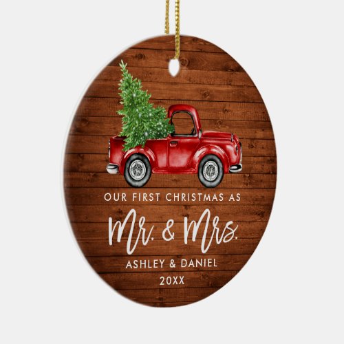 Wood Brush Script First Christmas Truck PHOTO BACK Ceramic Ornament