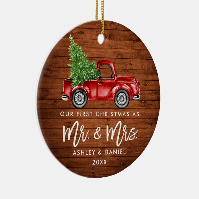 Wood Brush Script First Christmas Truck PHOTO BACK Ceramic Ornament (Right)