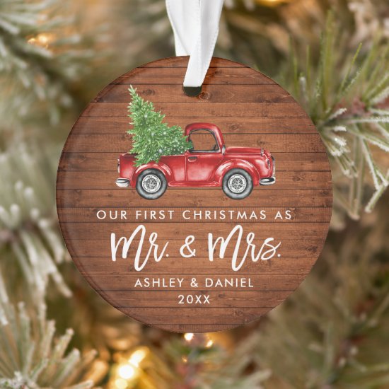 Wood Brush Script First Christmas Vintage Truck Ornament