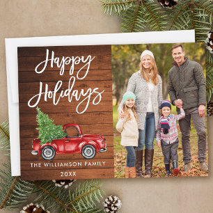 Wood Brush Script Holidays Vintage Truck Photo Holiday Card