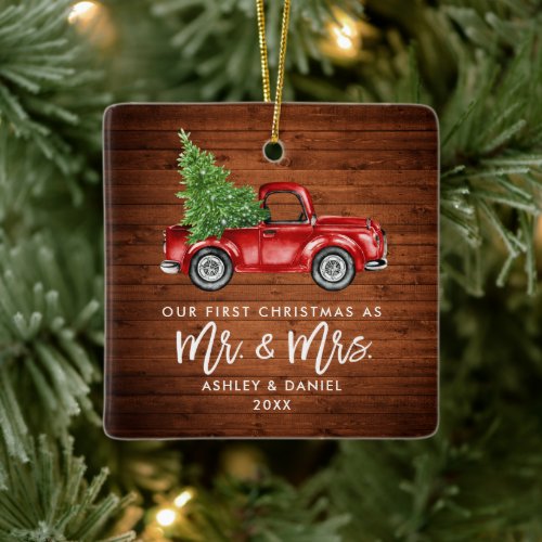 Wood Brush Script Red Truck First Christmas Sq Ceramic Ornament