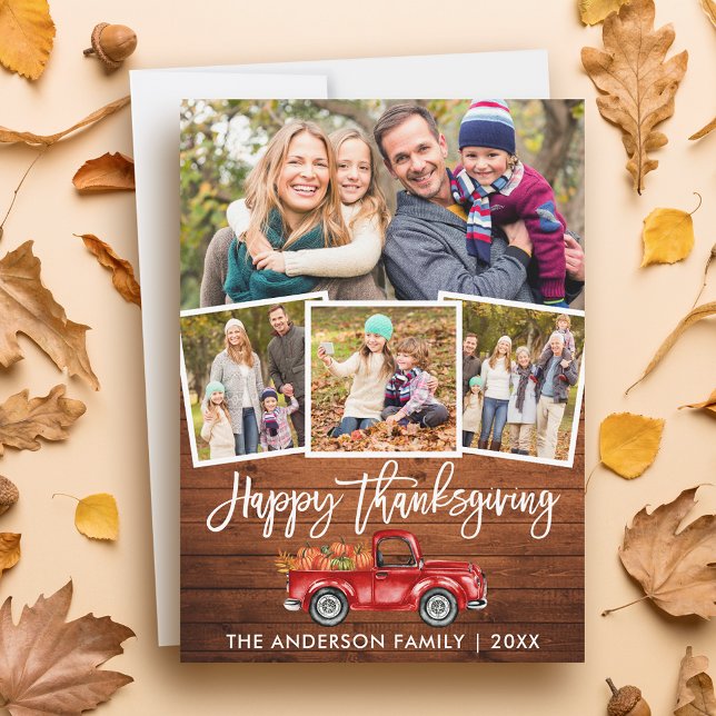 Wood Brush Script Red Truck Thanksgiving 4 Photo Holiday Card (Customize to add text to back of card.)