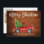 Wood Brush Script Truck Christmas PHOTO BACK Postcard<br><div class="desc">Rustic Wood - Brush Script Watercolor Vintage Red Truck with Christmas Tree - Merry Christmas Postcard with Photo Back</div>