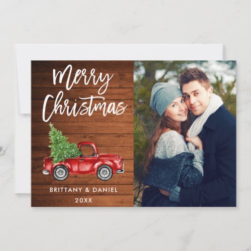Wood Brush Script Truck Couple Photo Christmas Holiday Card