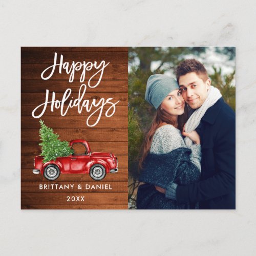 Wood Brush Script Truck Couple Photo Holidays Postcard