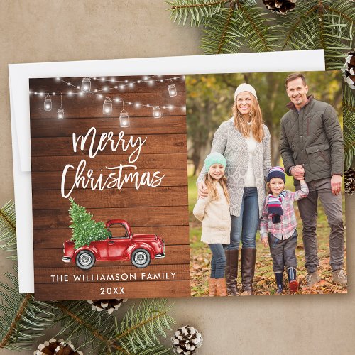 Wood Brush Script Truck Jar Lights Christmas Holiday Card