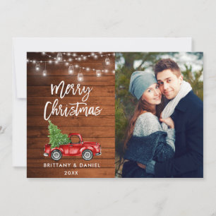 Wood Brush Script Truck Lights Photo Christmas Holiday Card
