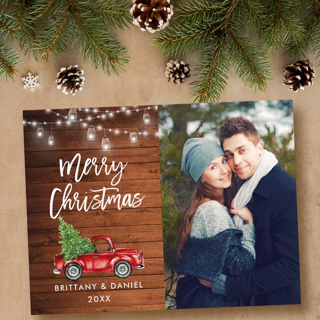 Wood Brush Script Truck Lights Photo Christmas Postcard (Customize to change your personalized text size or text style.)