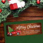 Wood Brush Script Vintage Truck Christmas Green Label<br><div class="desc">Rustic Wood - Brush Script Watercolor Vintage Red Truck with Christmas Tree - Merry Christmas Family Return Address Label</div>
