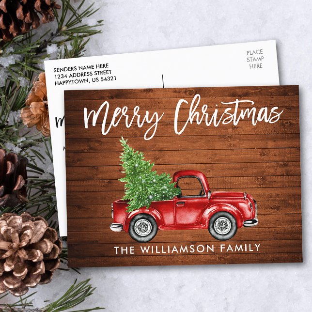 Wood Brush Script Vintage Truck Christmas Tree Postcard (Customize to change your personalized text size or text style.)