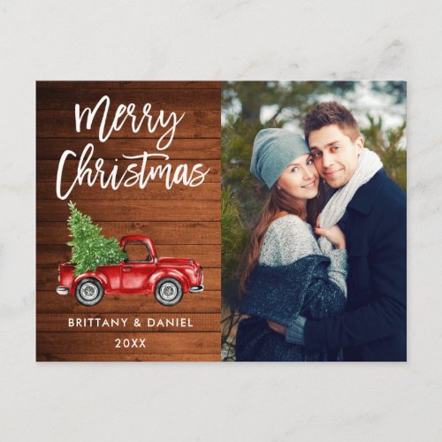 Wood Brush Script Vintage Truck Couple Christmas Postcard