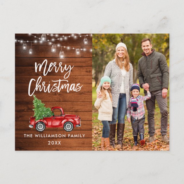 Wood Brush Script Vintage Truck Lights Christmas Postcard (Front)