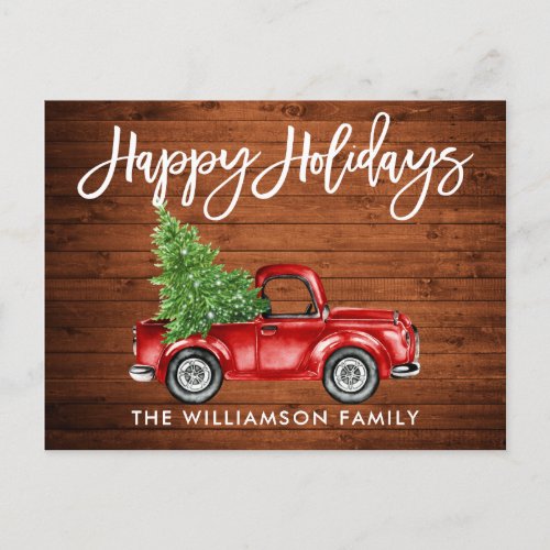 Wood Brush Script Vintage Truck Tree Holiday Postcard