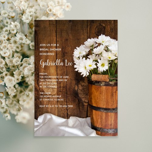 Wood Bucket of White Daisies Barn Bridal Shower Invitation