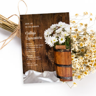 Wood Bucket White Daisies Quinceañera Barn Party Invitation