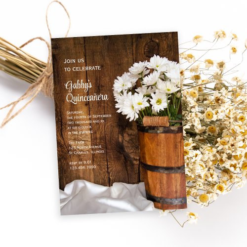 Wood Bucket White Daisies Quinceaera Barn Party Invitation