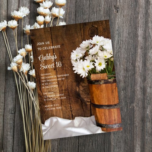 Wood Bucket White Daisies Sweet 16 Birthday Party Invitation