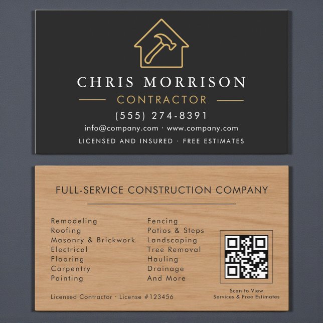 Wood Building Construction Black Gold QR Code Business Card (Creator Uploaded)